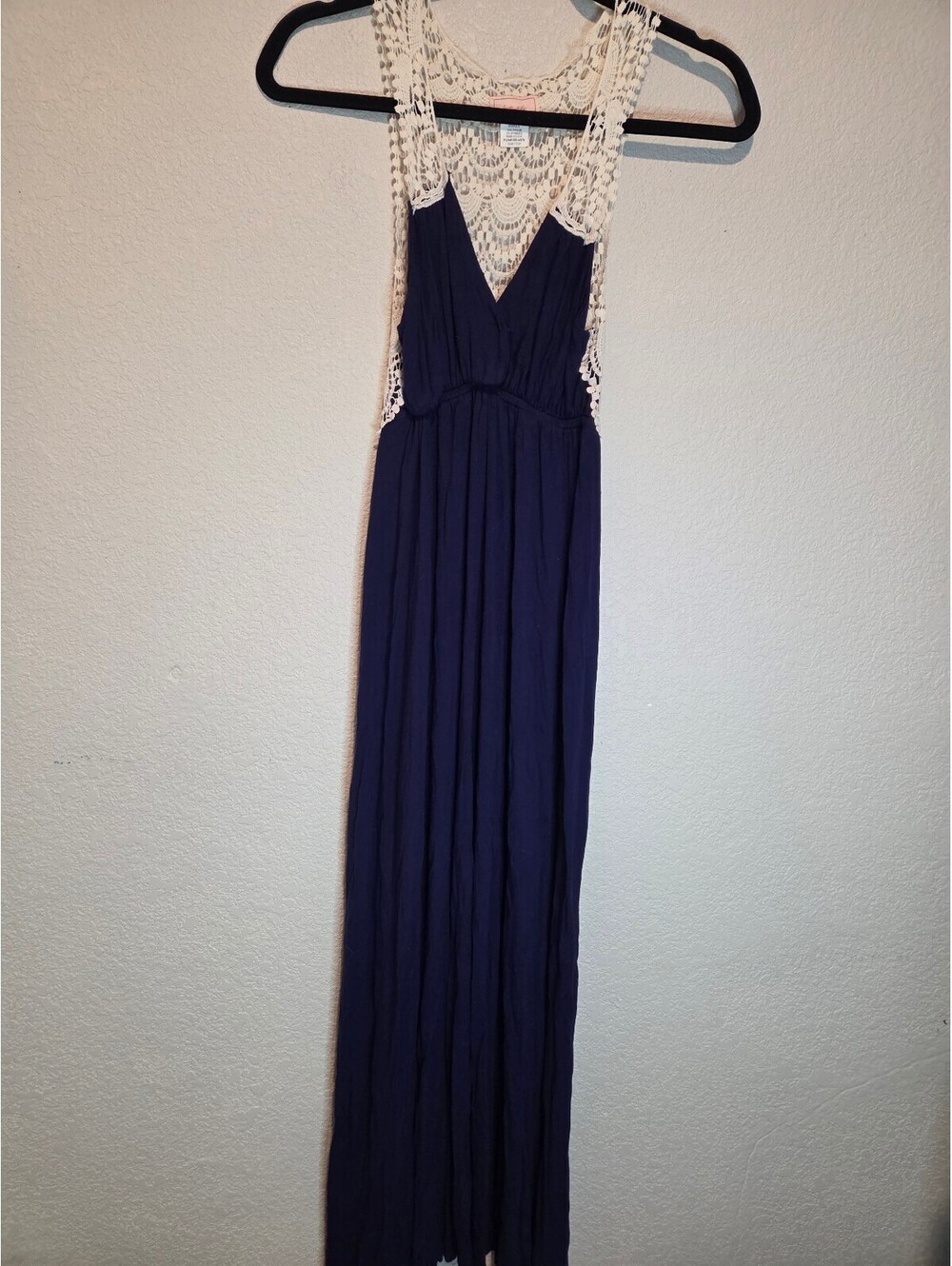 love ady Small Navy Blue Maxi Dress with Ivory Crochet Lace Back